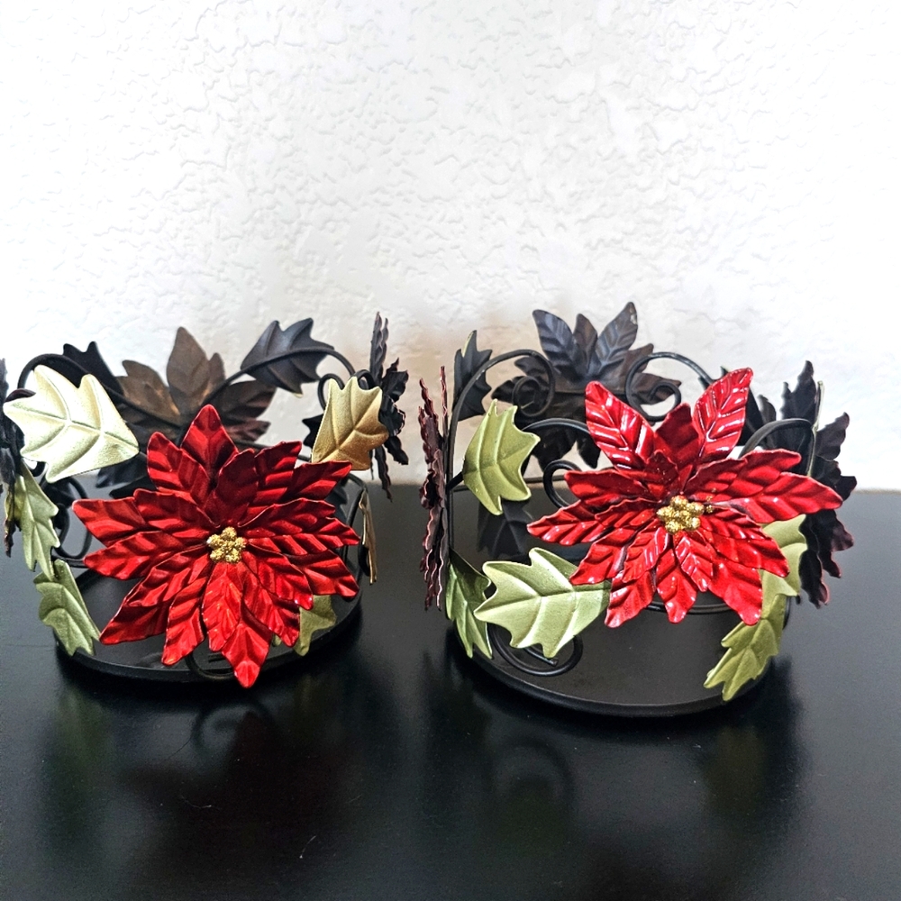 Poinsettia Large Candle Jar Holder NWT set of 2